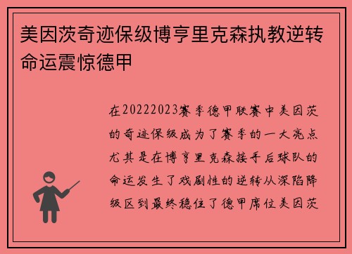 美因茨奇迹保级博亨里克森执教逆转命运震惊德甲 美因茨奇迹保级博亨里克森执教逆转命运震惊德甲