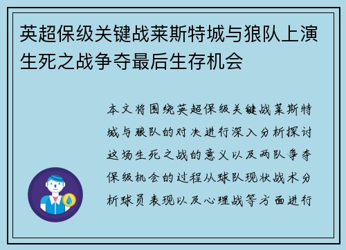 英超保级关键战莱斯特城与狼队上演生死之战争夺最后生存机会